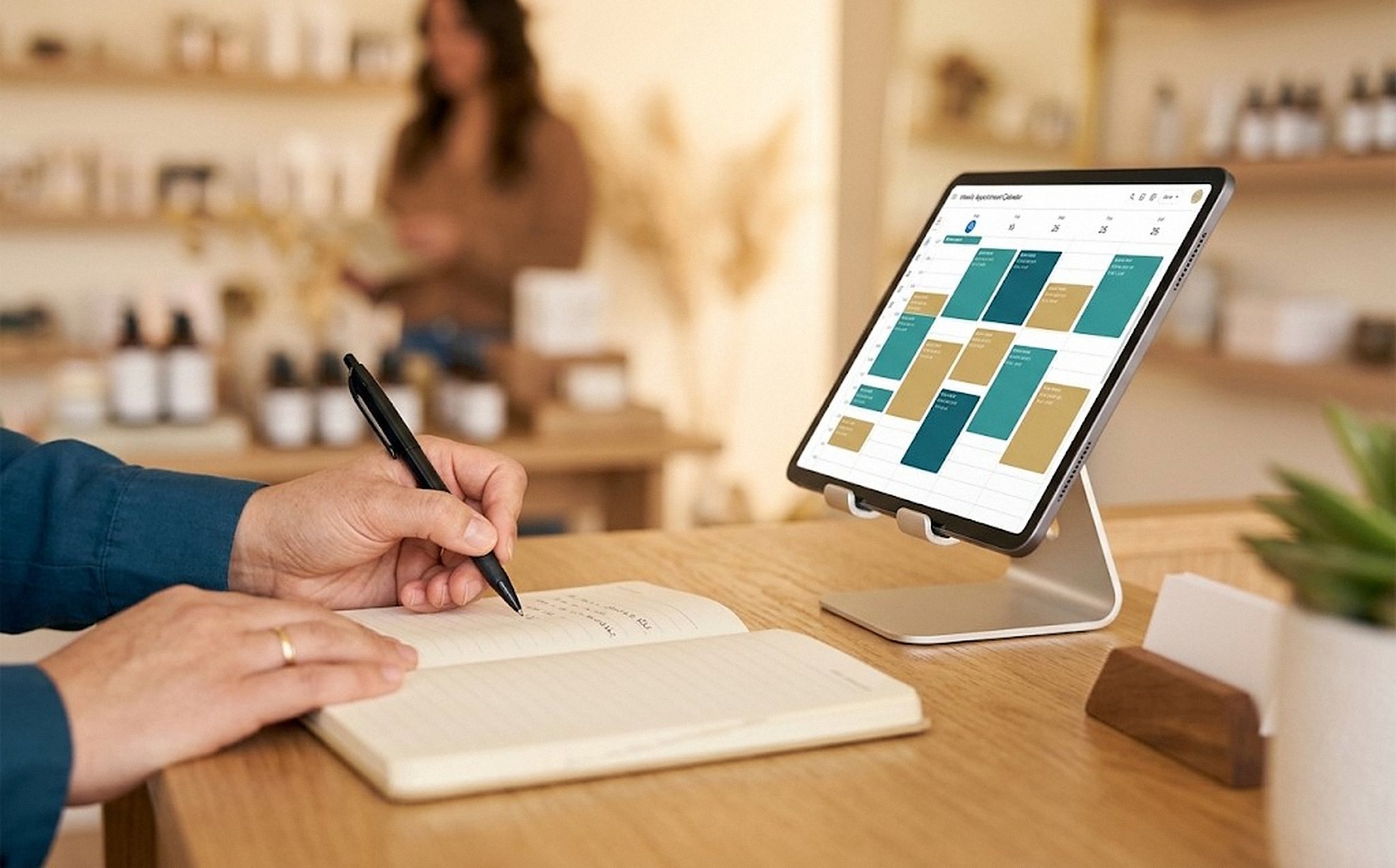Mani che scrivono su un'agenda degli appuntamenti accanto a un tablet con il calendario, al banco di un negozio