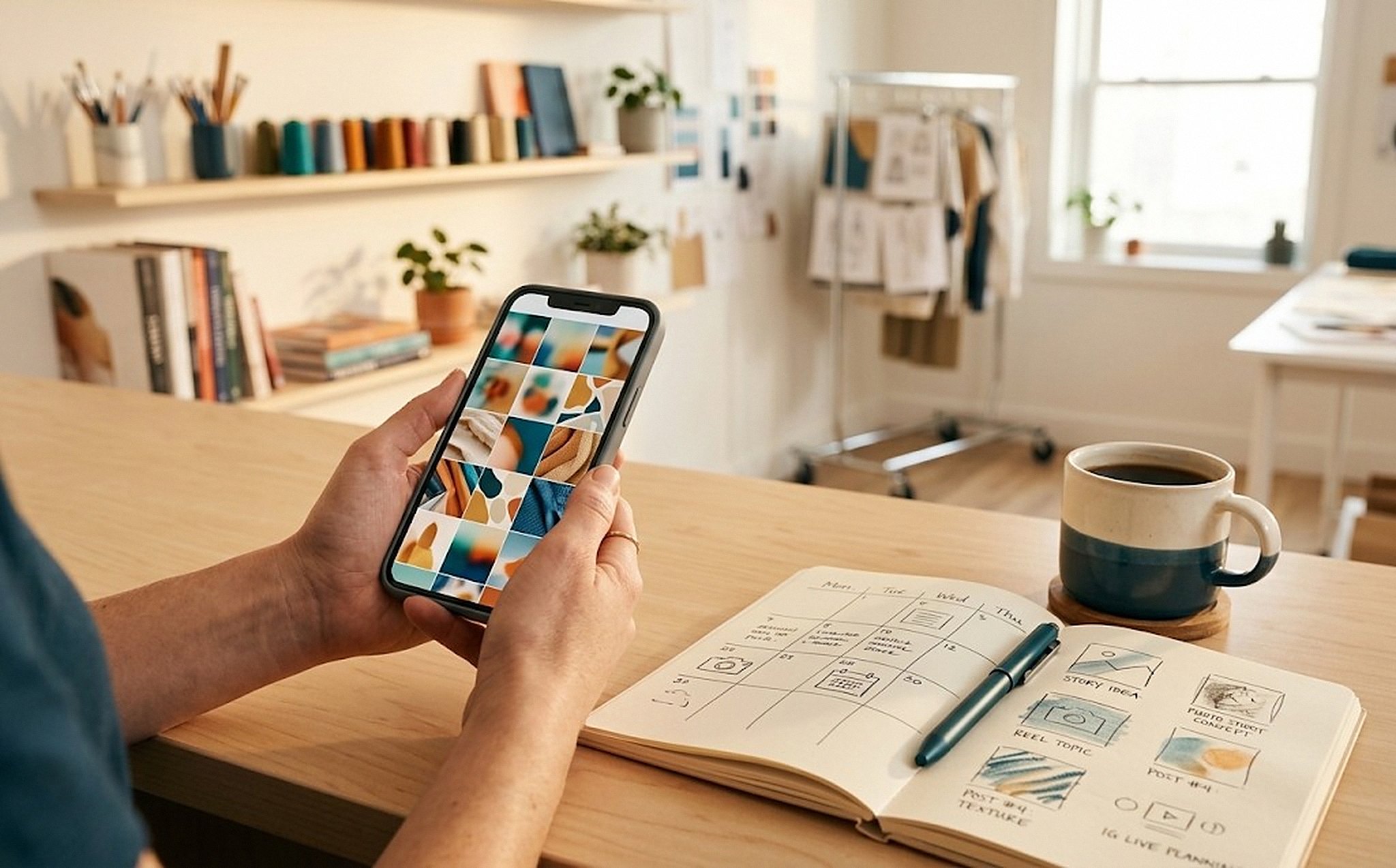 Telefono appoggiato su una scrivania che mostra il profilo social di una piccola attività